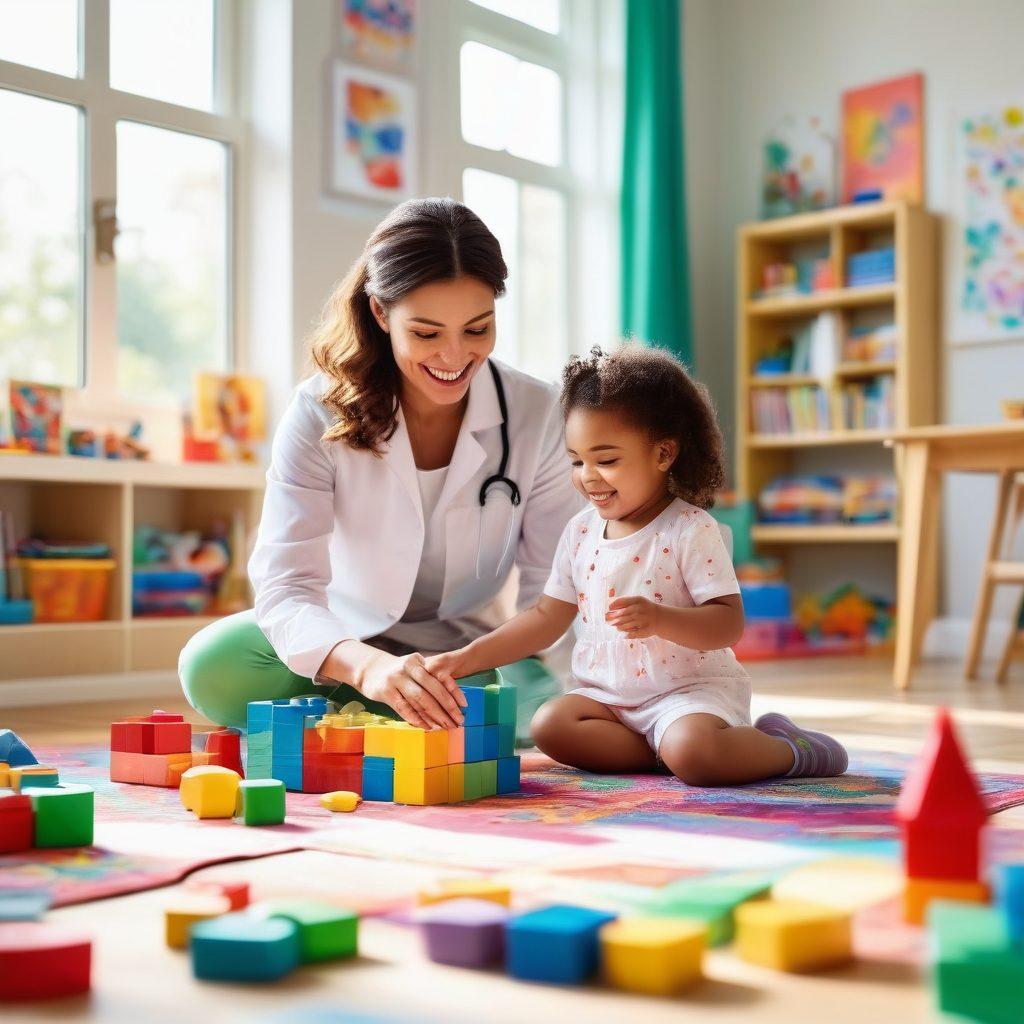 A bright and cheerful scene depicting a pediatric specialist engaging with children in a colorful playroom. The children are playing with educational toys, showing joy and laughter, while the pediatrician, smiling warmly, interacts with them. Soft sunlight streams through the windows, highlighting the vibrant colors of the room filled with books and art. Include elements that suggest creativity and learning, such as building blocks and art supplies. bright colors, cartoon style, soft focus.