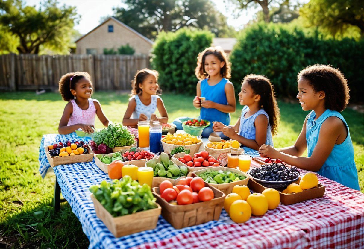 A cheerful Texas landscape featuring a diverse group of children engaged in outdoor activities, surrounded by colorful fruits and vegetables. A radiant sun shines down on them as they play, showcasing a picnic setup with healthy foods like salads and smoothies. Illustrate traditional Texas elements like cacti and bluebonnets in the background. Vibrant colors. soft focus.