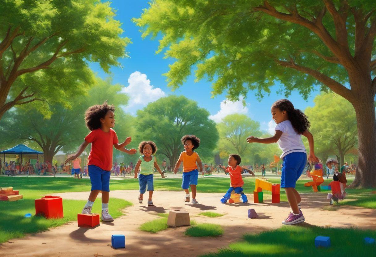 A joyful scene of diverse children playing outdoors in a sunny Texas park, showcasing inclusive pediatric care and child development activities. Surround them with playful elements like building blocks, art supplies, and educational games, while featuring caring adults engaging with the kids. Lush green trees and a blue sky enhance the atmosphere of happiness and growth. super-realistic. vibrant colors. cheerful atmosphere.
